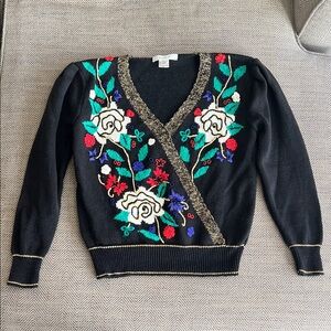 Vintage Lise J. Beaded and Floral Embroidered Black v-neck Sweater cotton/ramie